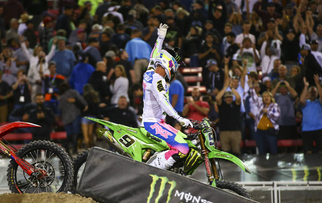 Adam Cianciarulo (9) celebrates his win in the third main event of the Monster Energy Cup Super ...