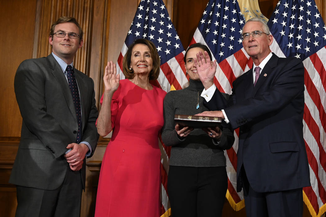 FILE - In this Jan. 3, 2019, file photo, House Speaker Nancy Pelosi of Calif., second from left ...