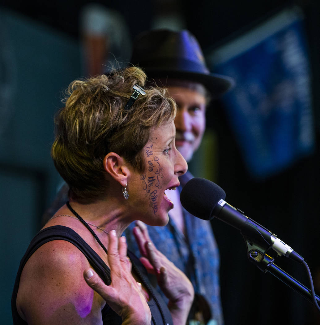 Las Vegas Blues Society Secretary Carrie Stowers thanks the crowd for attending and contributi ...