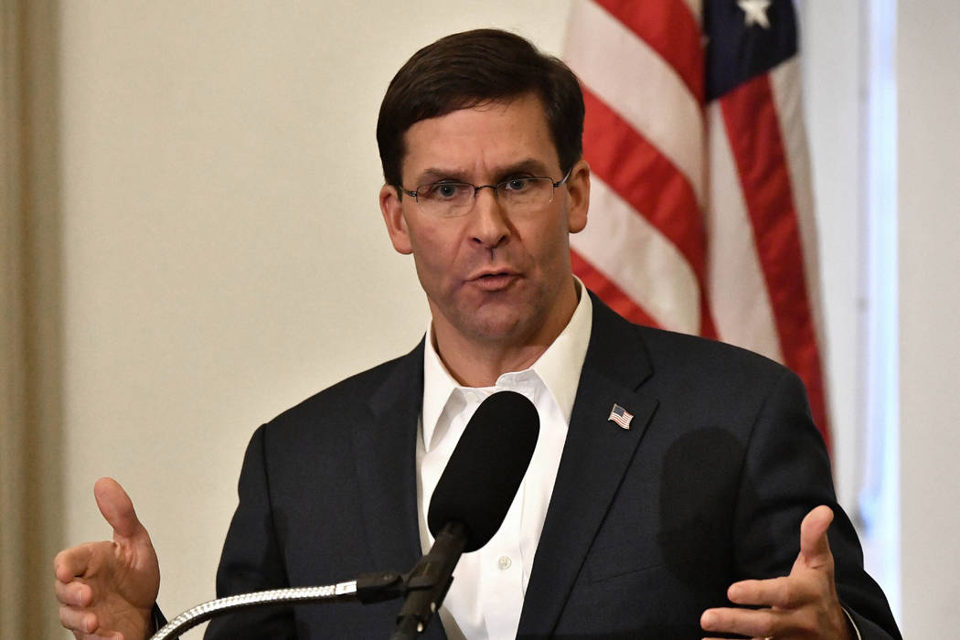 n a Friday, Oct. 4, 2019 file photo, Defense Secretary Mark Esper speaks to a gathering of sold ...