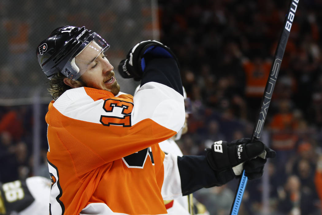 Philadelphia Flyers' Kevin Hayes reacts after scoring against Vegas Golden Knights' Oscar Dansk ...