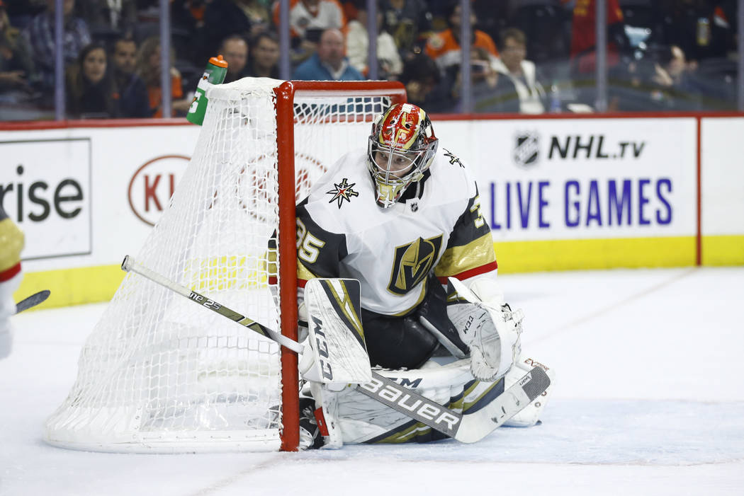 Vegas Golden Knights' Oscar Dansk in action during an NHL hockey game against the Philadelphia ...