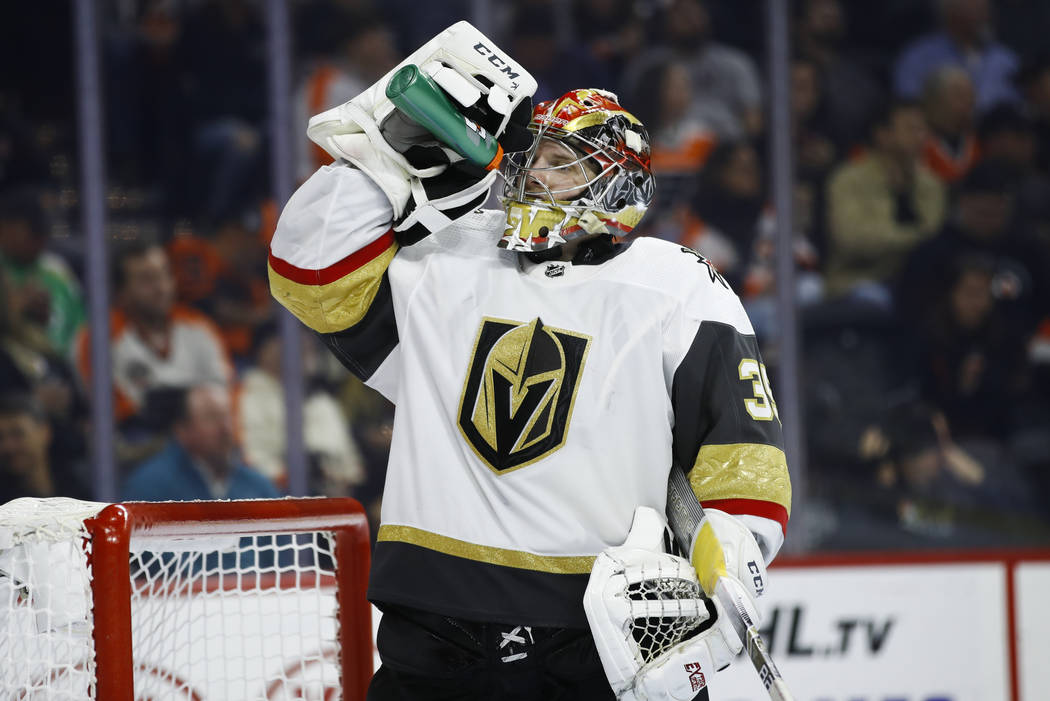 Vegas Golden Knights' Oscar Dansk in action during an NHL hockey game against the Philadelphia ...