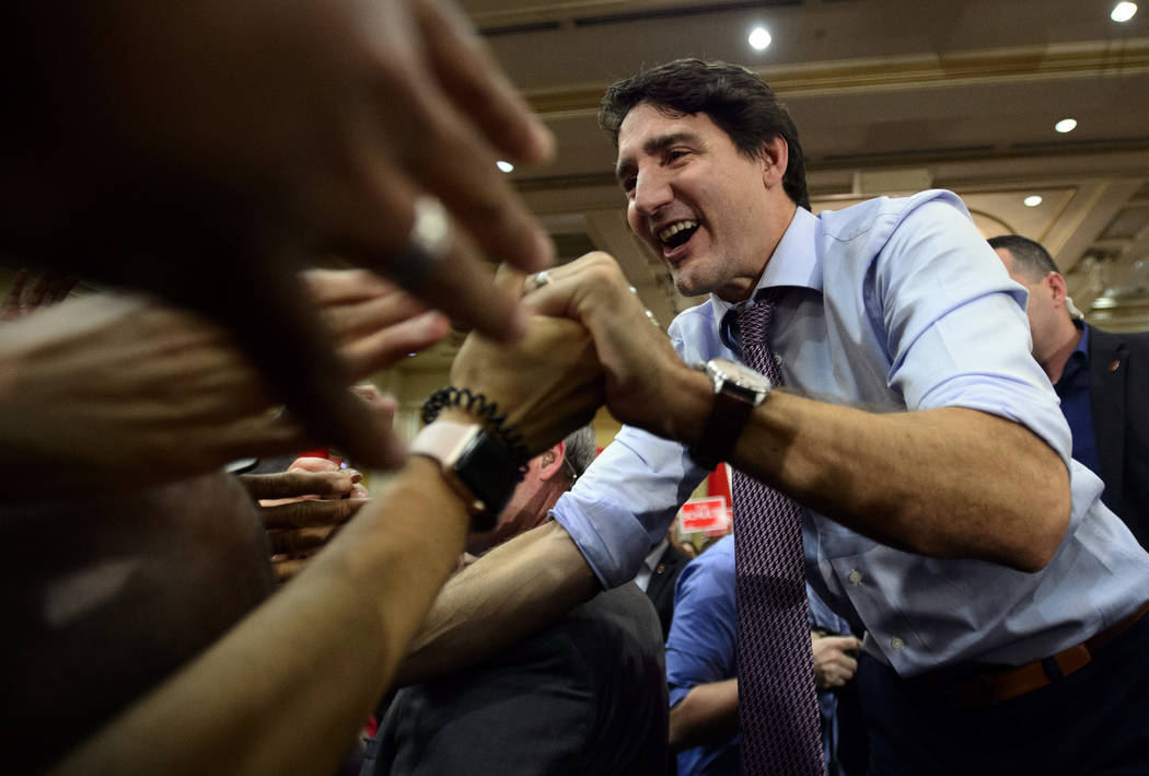 Liberal leader Justin Trudeau holds a rally in Vaughan, Ontario, on Friday, Oct. 18, 2019. (Sea ...