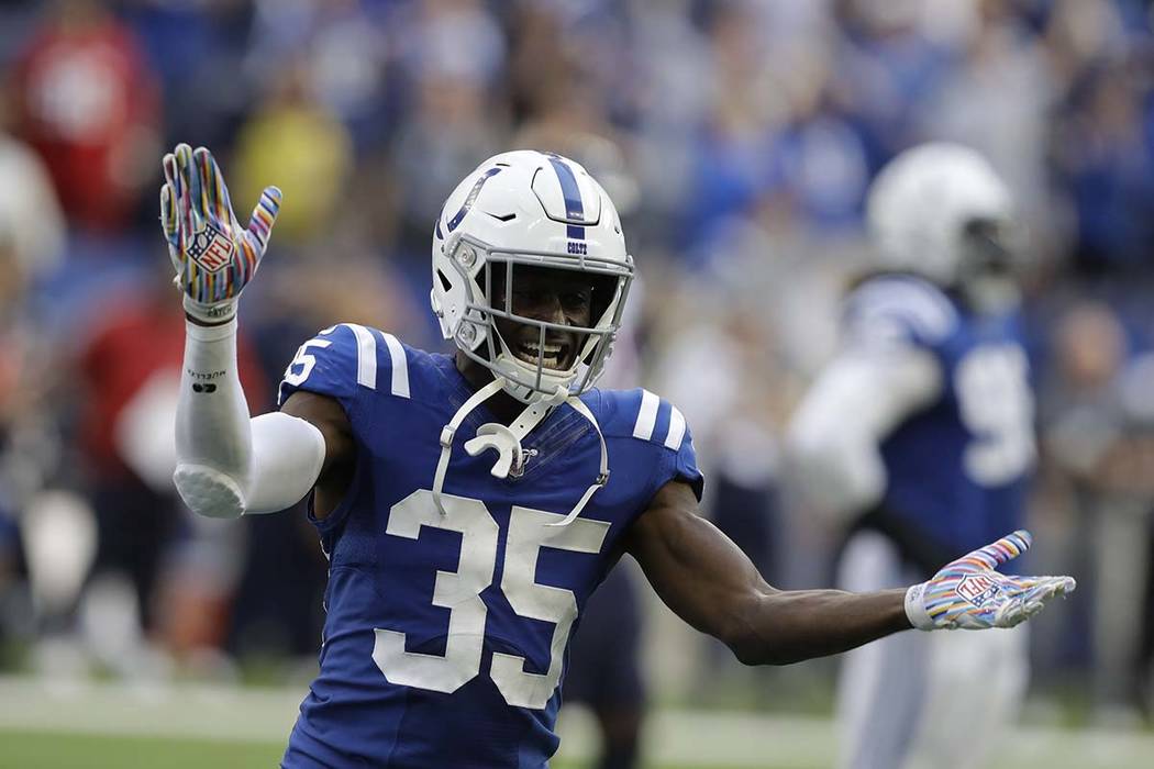 Indianapolis Colts' Pierre Desir (35) reacts during the second half of an NFL football game aga ...