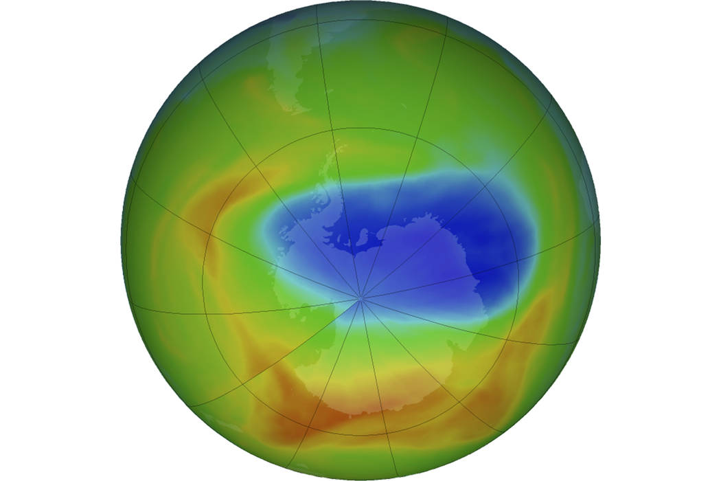 This image made available by NASA shows a map of a hole in the ozone layer over Antarctica on S ...