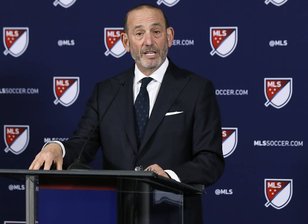 Major League Soccer Commissioner Don Garber speaks at a news conference in Los Angeles, Thursda ...