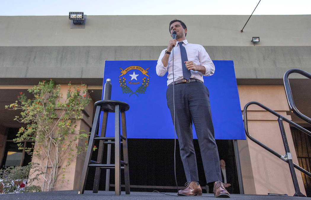 Pete Buttigieg addresses the audience at a campaign rally at the East Las Vegas Community Cente ...
