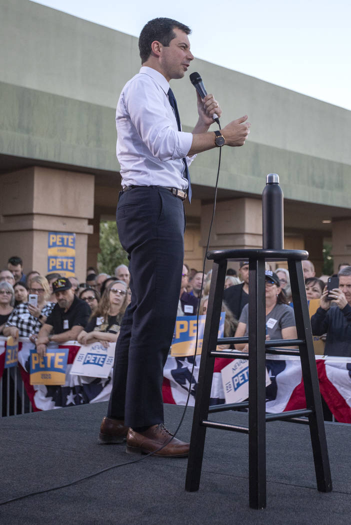 Pete Buttigieg speaks to the crowd at the East Las Vegas Community Center on Tuesday, Oct. 22, ...