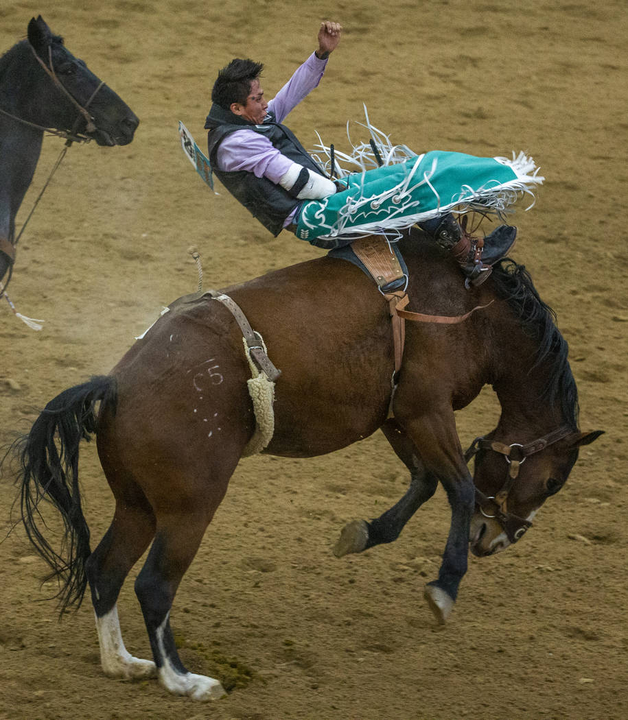 Bareback rider Tyrick Wilson hangs on tight to his horse during the first round of the Indian N ...