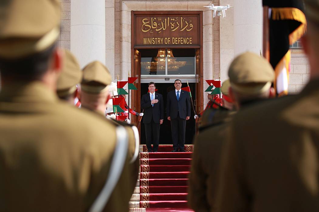 Iraqi Defense Minister Najah al-Shammari, center right, and U.S. Defense Secretary Mark Esper, ...