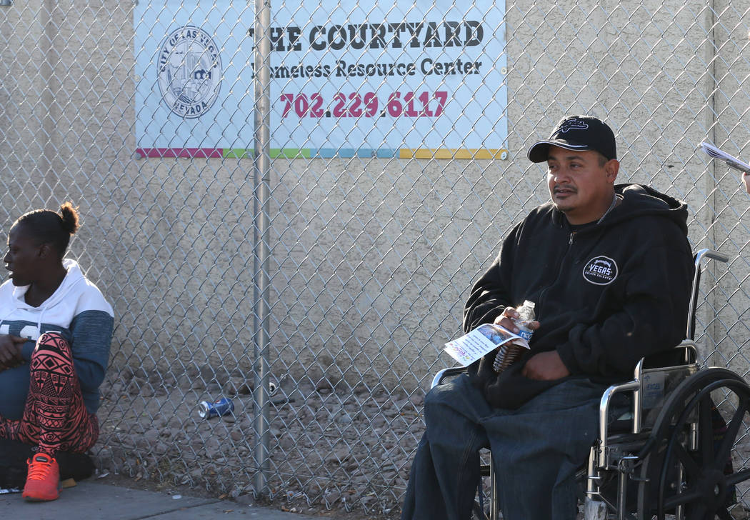 Nicholas Lerma, 29, speaks to the Las Vegas Review-Journal outside the Courtyard Homeless Resou ...