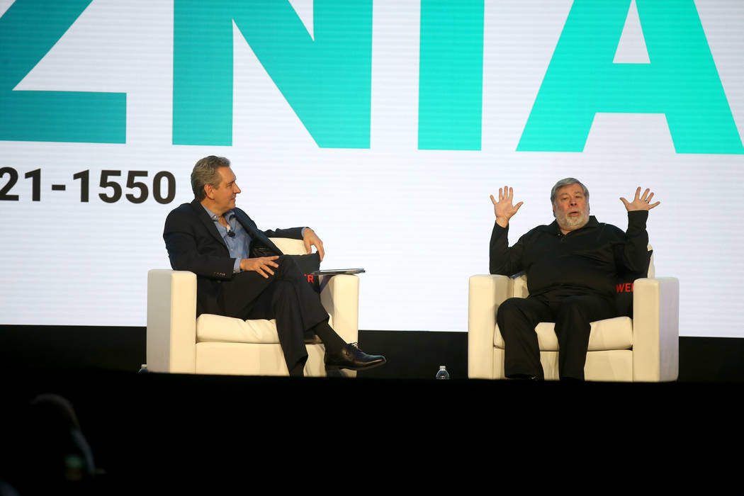 Steve Wozniak, right, is interviewed by J.D. Power President and CEO Dave Habiger during the 20 ...