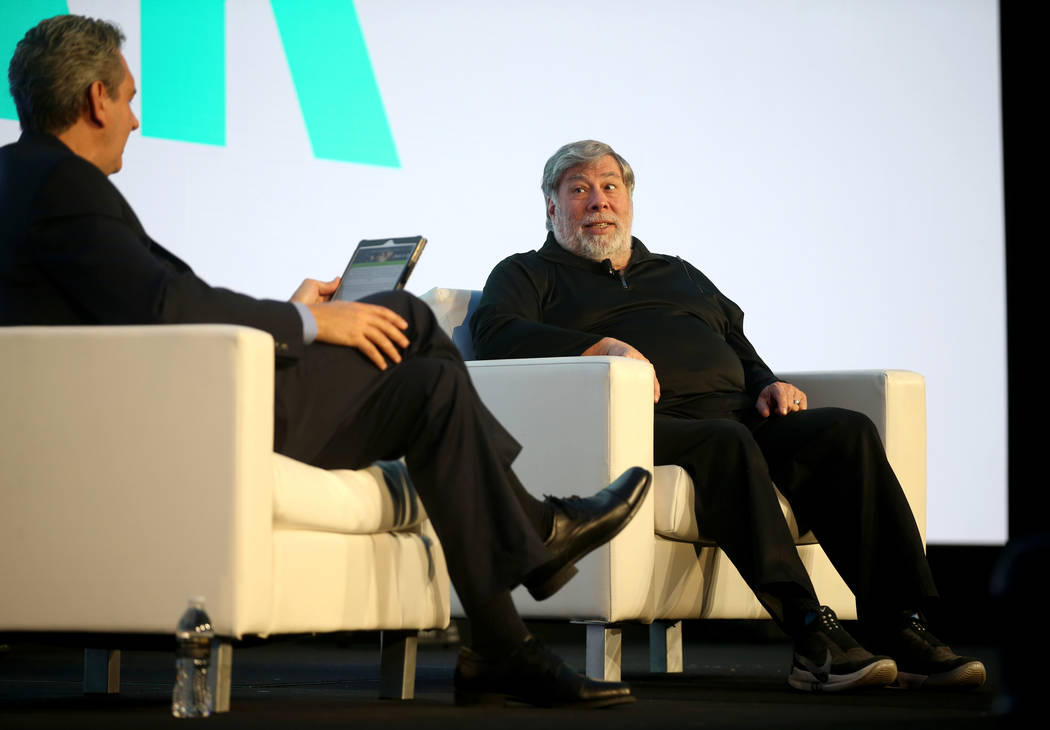 Steve Wozniak, right, is interviewed by J.D. Power President and CEO Dave Habiger during the 20 ...