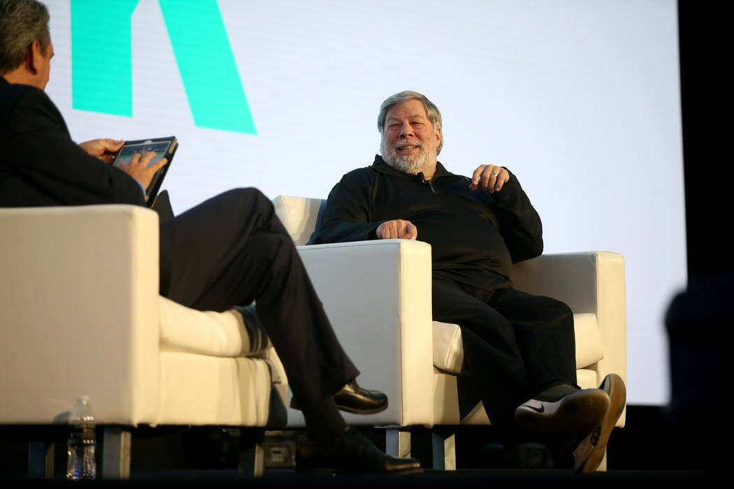 Steve Wozniak, right, is interviewed by J.D. Power President and CEO Dave Habiger during the 20 ...