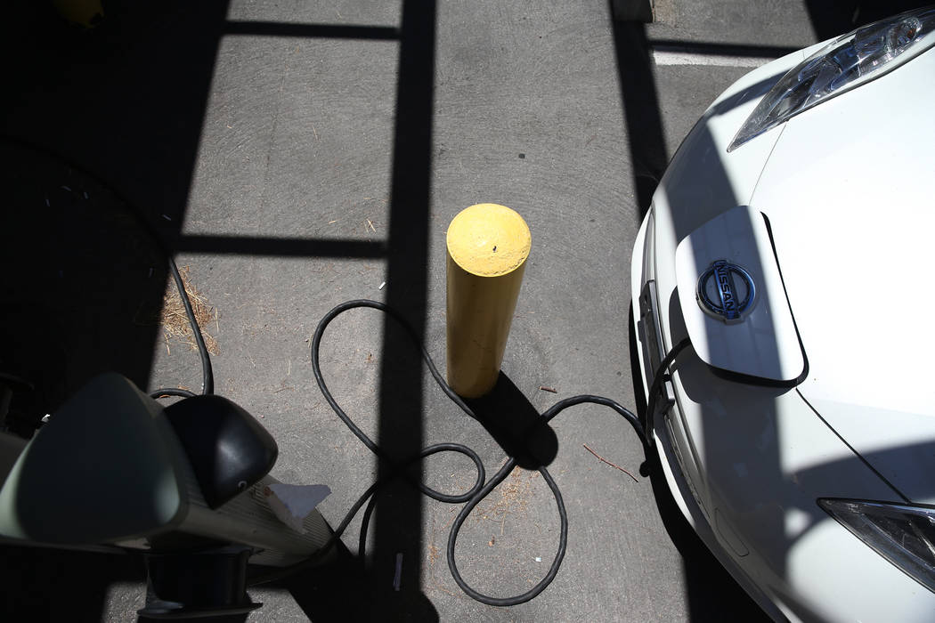 An electric vehicle charging station outside of the Clark County Government Center in Las Vegas ...