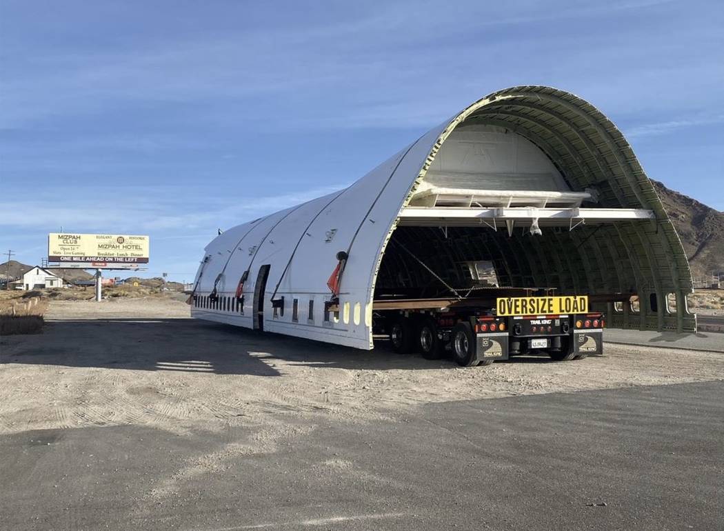 Part of the fuselage of a Boeing 747 used at Burning Man makes a pit stop in Tonopah, en route ...