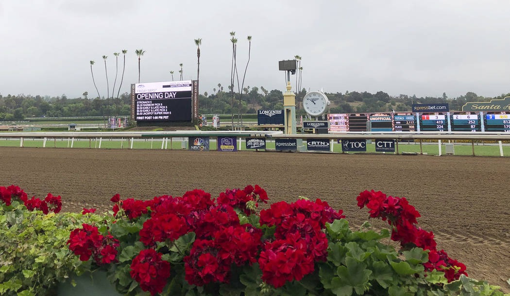 Flowers frame a new infield video board and the finish line ahead of opening day of the fall me ...