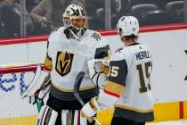 Vegas Golden Knights goaltender Garret Sparks (40) celebrates a win against the Colorado Avalan ...