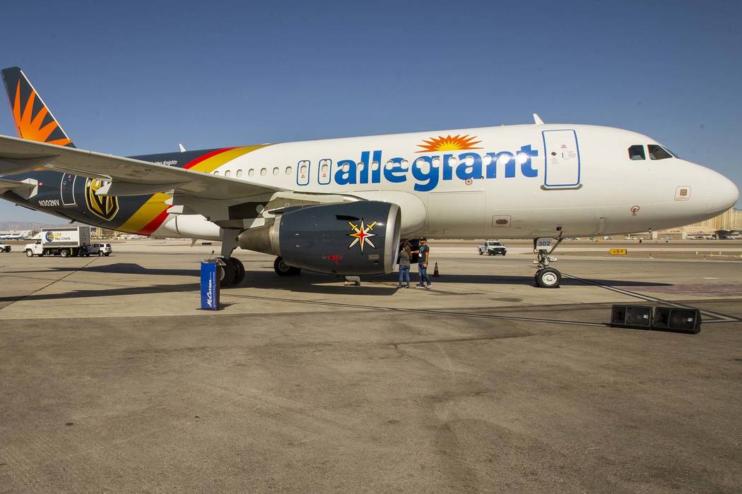 Allegiant unveils a new Golden Knights-themed plane at McCarran on Tuesday, Sept. 10, 2019, in ...