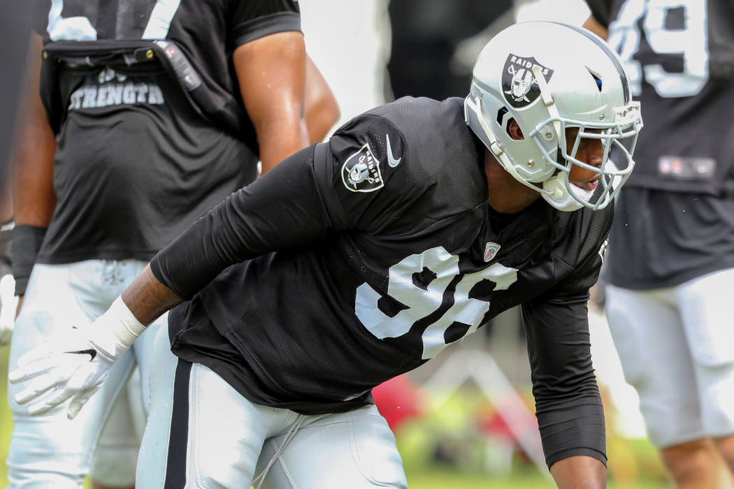 Oakland Raiders defensive end Clelin Ferrell (96) getes ready to drill during the NFL team's tr ...