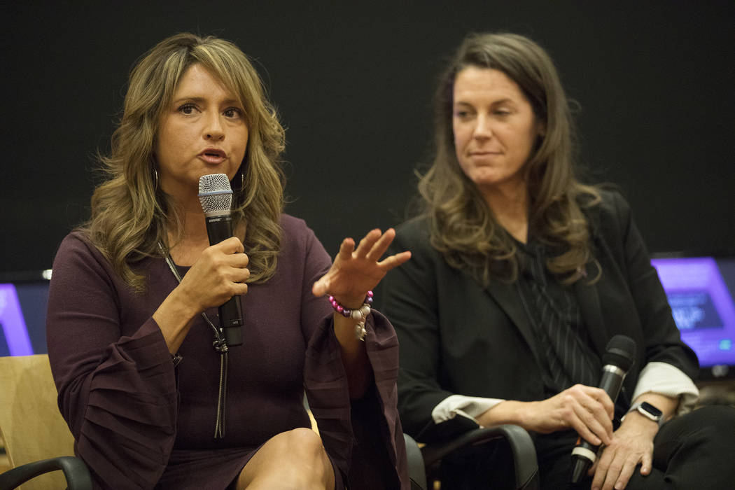 Linda Perez, CEO of The Shade Tree, speaks at a panel discussion about domestic violence at Cit ...