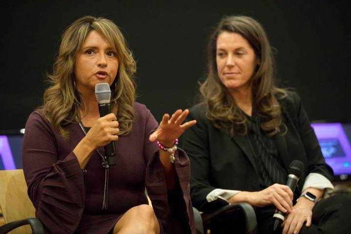 Linda Perez, CEO of The Shade Tree, speaks at a panel discussion about domestic violence at Cit ...