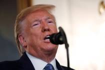 President Donald Trump speaks Wednesday, Oct. 23, 2019, in the Diplomatic Room of the White Hou ...