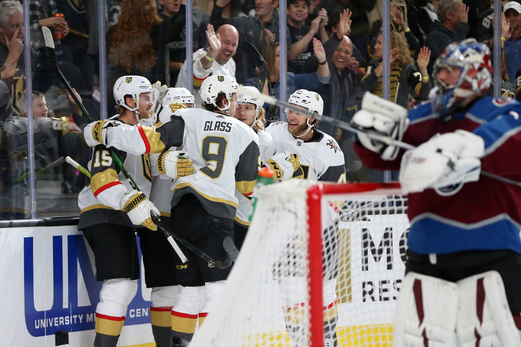 Vegas Golden Knights celebrate a score by center William Karlsson (71) during the first period ...