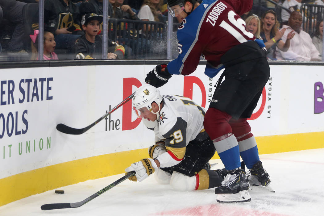 Vegas Golden Knights goaltender Marc-Andre Fleury (29) takes a fall against Colorado Avalanche ...