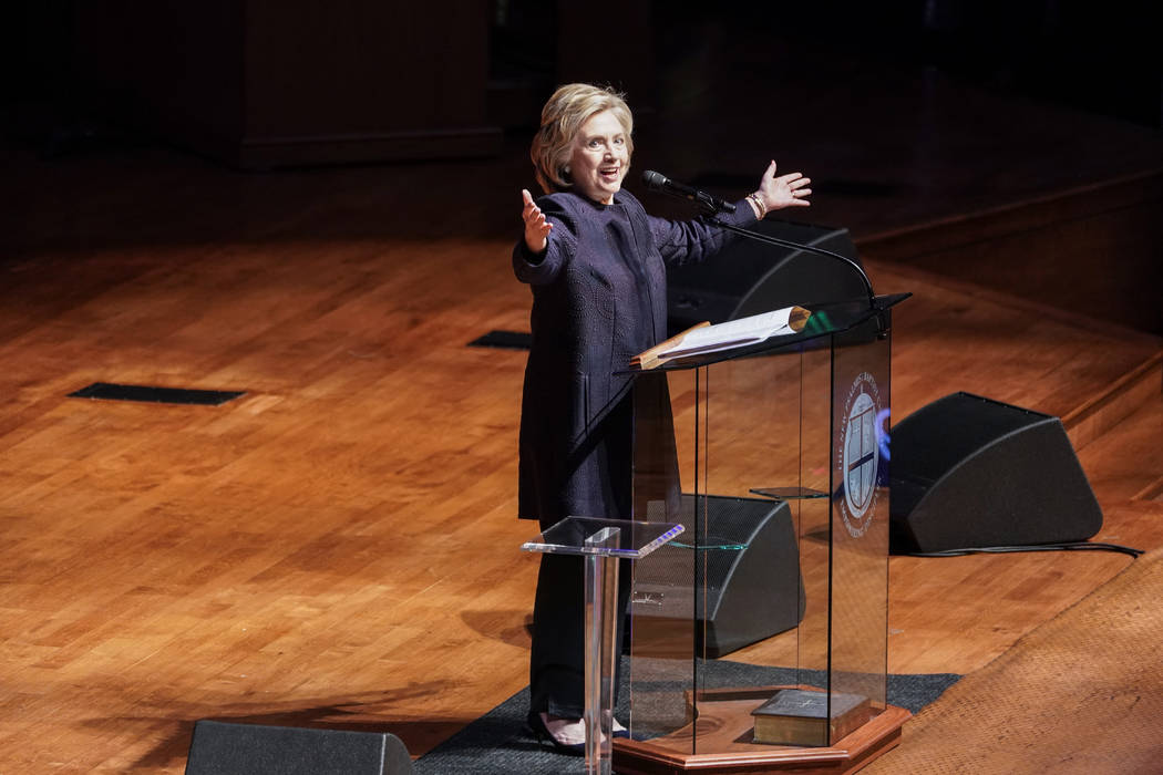 Former U.S. Secretary of State Hillary Clinton speaks during funeral services for U.S. Rep. Eli ...