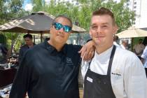 Chef Michael Mina, left, and Nick Dugan, executive chef at Michael Mina Bellagio, are shown dur ...