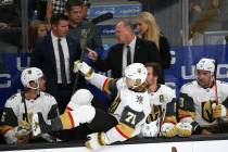Vegas Golden Knights head coach Gerard Gallant, center, during the second period of an NHL hock ...