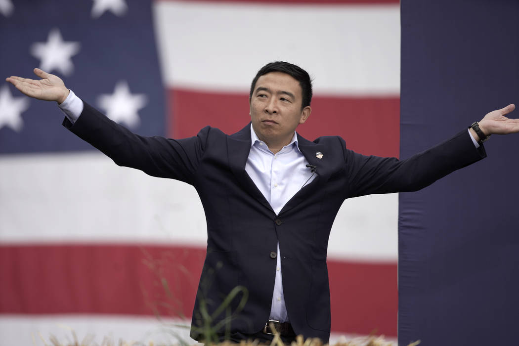 Democratic presidential candidate Andrew Yang speaks at the Polk County Democrats Steak Fry, in ...