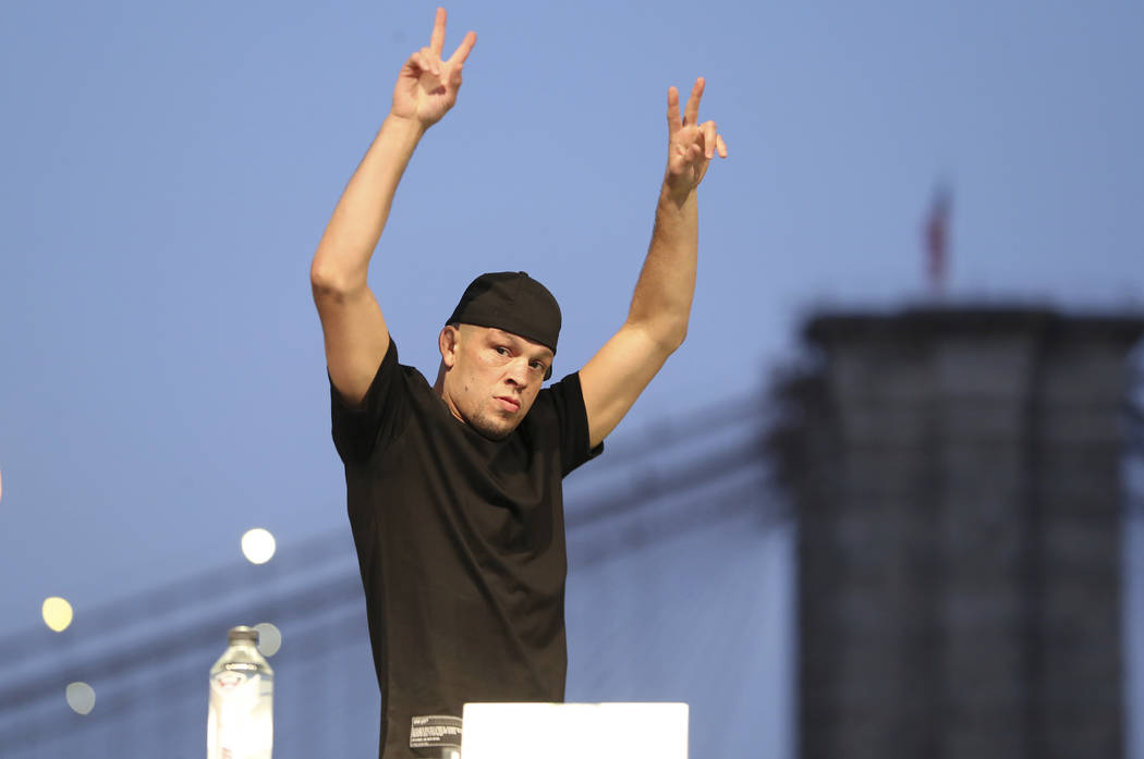 Nate Diaz is seen at a news conference for the UFC 244 mixed martial arts event, Thursday, Sept ...