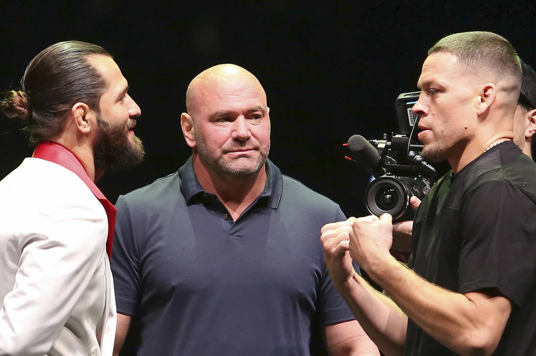 Jorge Masvidal and Nate Diaz stand face-to-face during the UFC 244: Masvidal vs. Diaz Press Con ...