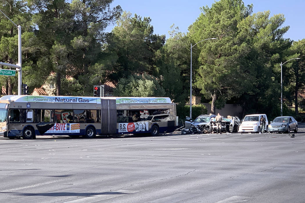 One person is dead after a seven vehicle crash involving a bus near Tropicana Avenue and Rainbo ...