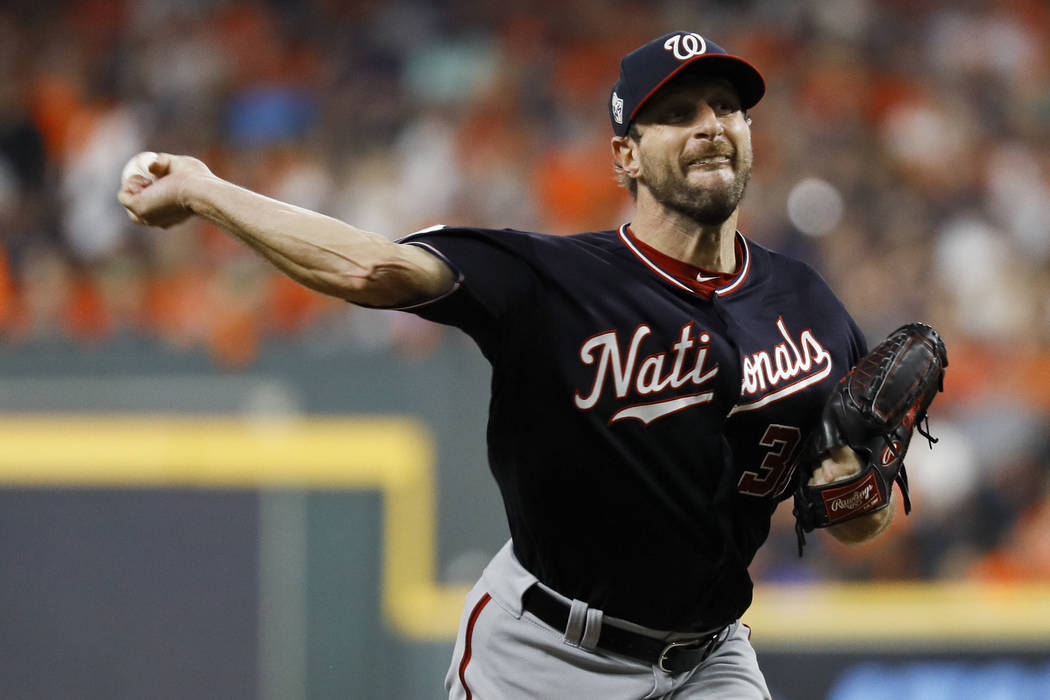 Washington Nationals starting pitcher Max Scherzer throws against the Houston Astros during the ...