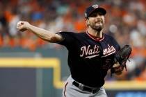 Washington Nationals starting pitcher Max Scherzer throws against the Houston Astros during the ...