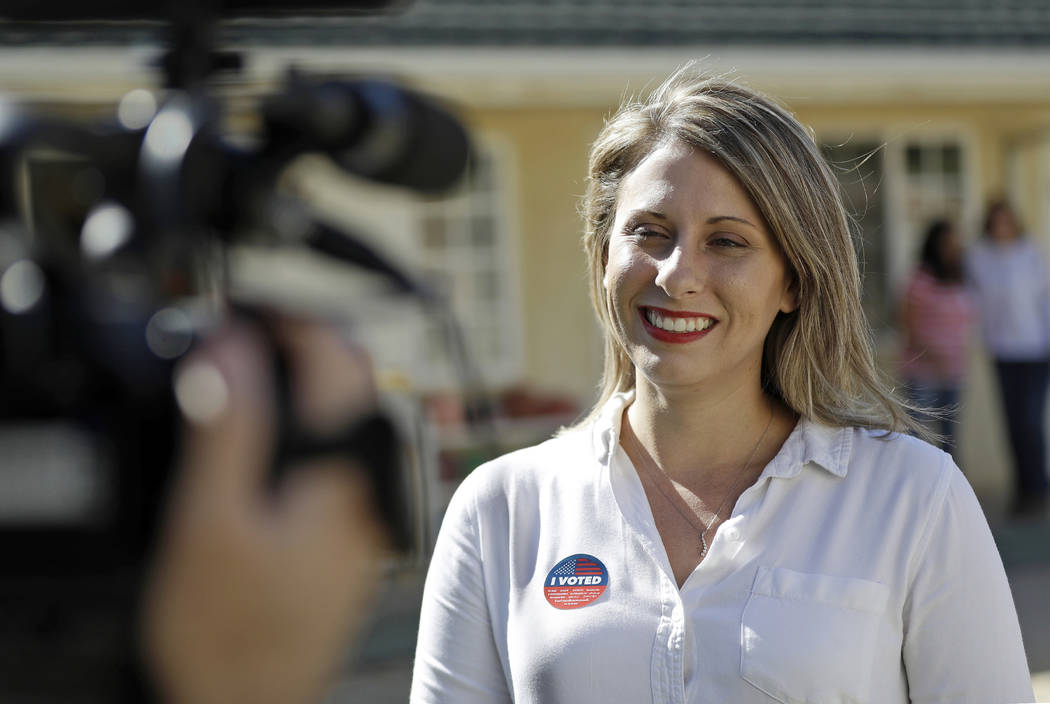 FILE - In this Nov. 6, 2018 file photo, Katie Hill, then a Democratic Party candidate from Cali ...