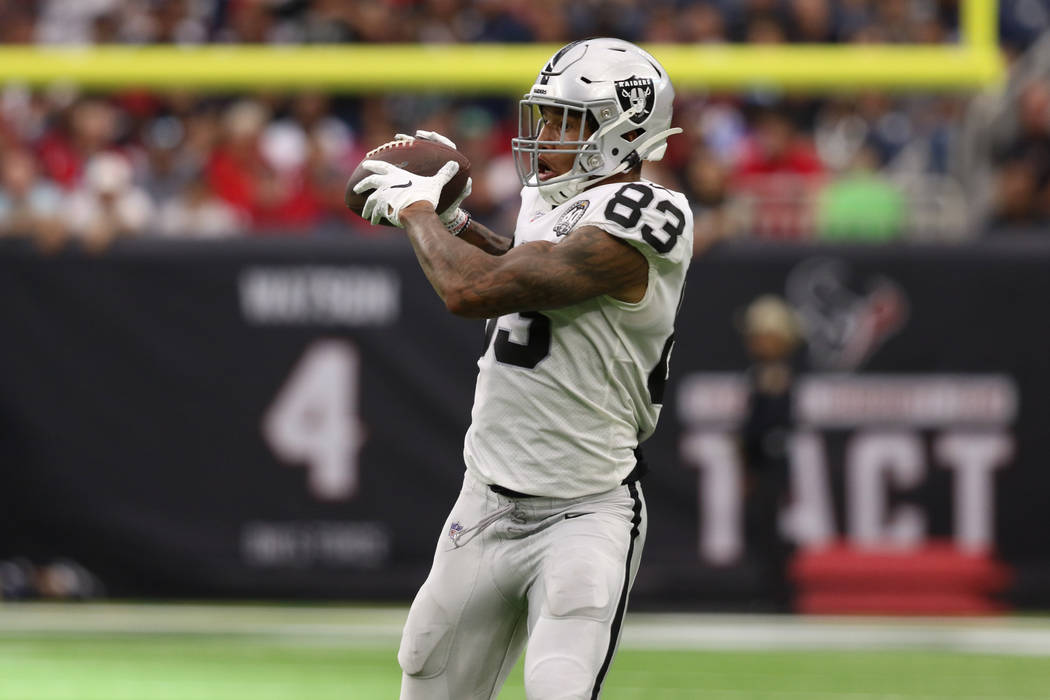 Oakland Raiders tight end Darren Waller (83) catches the football during the first half of an N ...