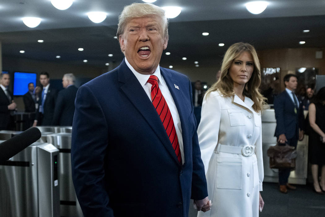 In a Sept. 24, 2019, file photo, President Donald Trump addresses reporters as he arrives with ...