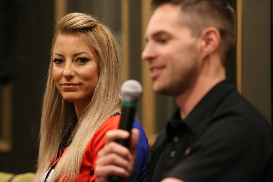 Drivers Leah Pritchett, left, looks on as Andrew Hines speaks during a press conference for the ...