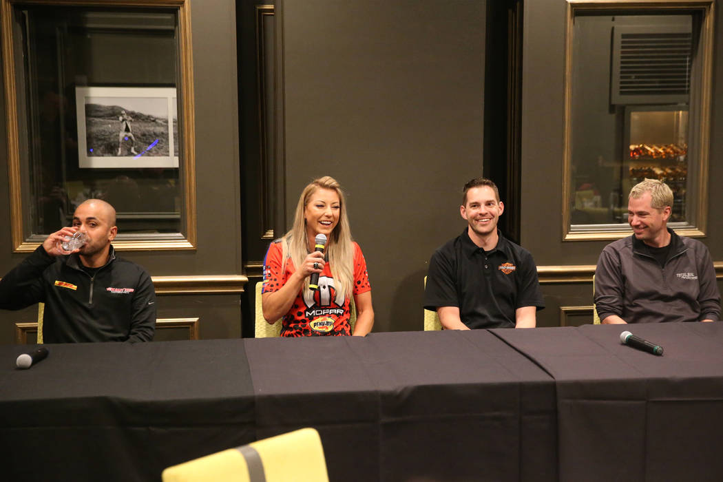 Drivers from left, J.R. Todd, Leah Pritchett, Andrew Hines and Matt Hartford, participate durin ...