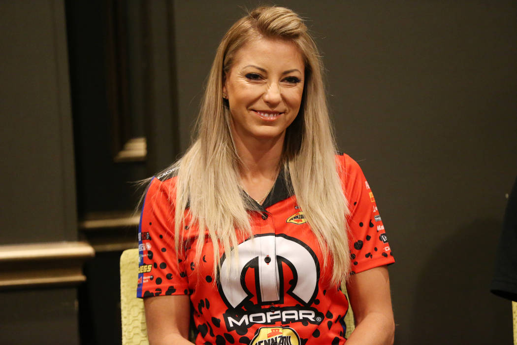Driver Leah Pritchett participate during a press conference for the Dodge NHRA Nationals event ...