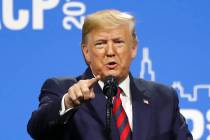 President Donald Trump speaks at the International Association of Chiefs of Police Convention M ...