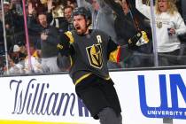 Golden Knights' Mark Stone (61) celebrates his goal against the Boston Bruins during the first ...