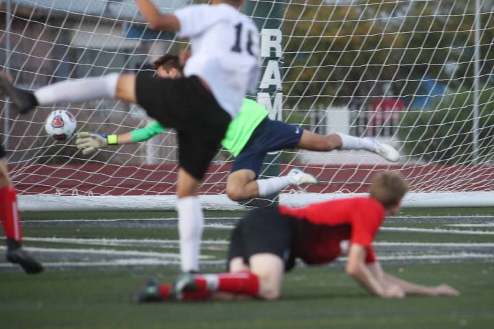 Las Vegas' Sergio Aguayo (18) scores against Coronado's Josue Ruiz during the Southern Nevada b ...