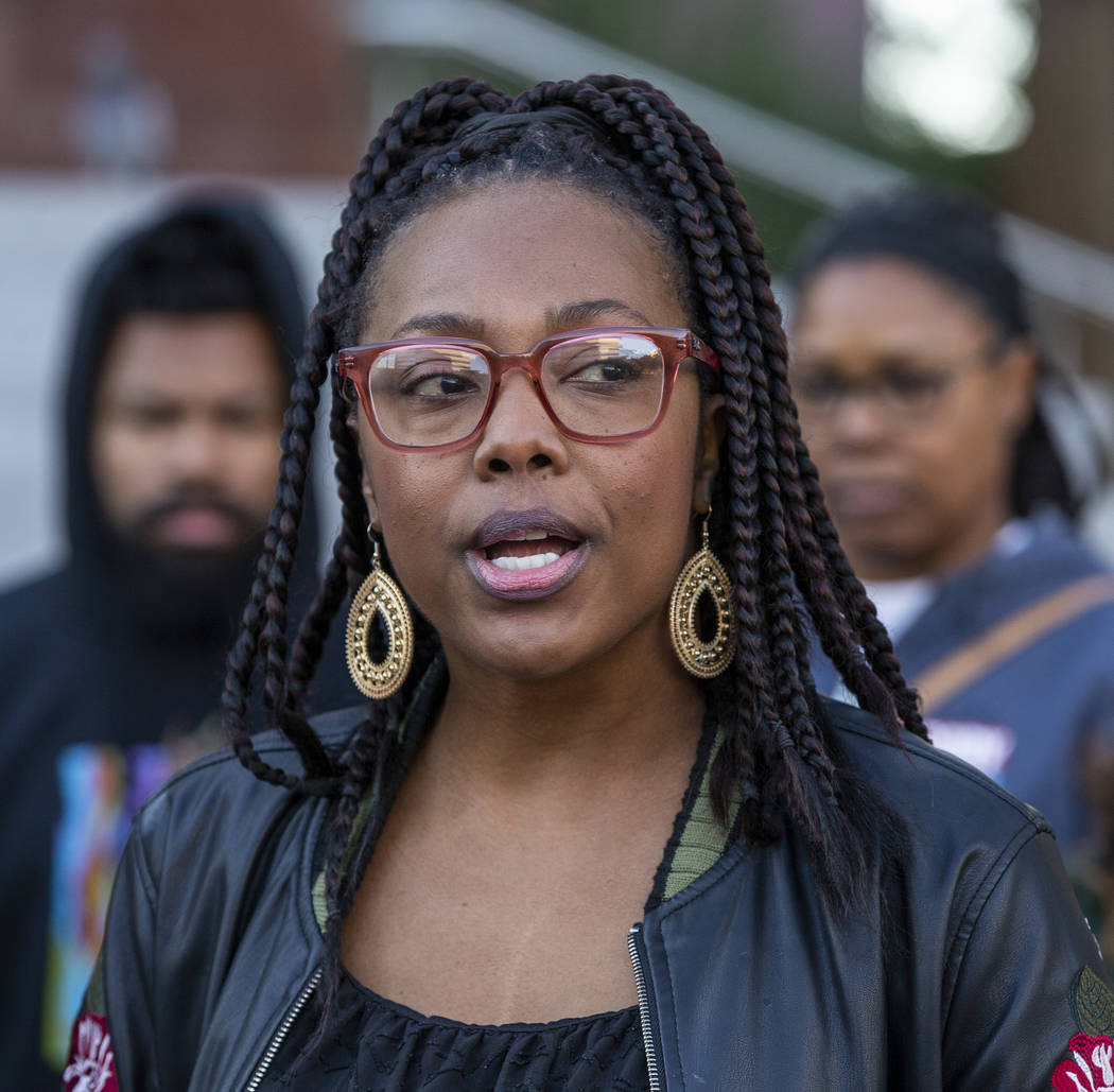 Marcie Wells speaks during the National Day of Outrage rally outside the Regional Justice Cente ...