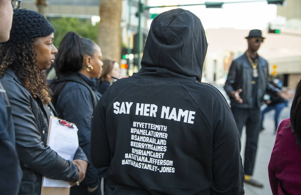 Names are read of women killed by police officers during the National Day of Outrage rally outs ...